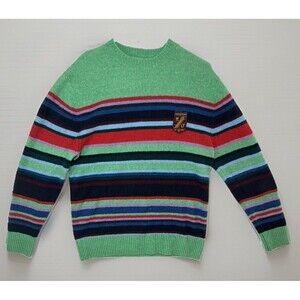 Houston White Sweater Women’s SM Green Multicolor Striped Crewneck Crest Preppy